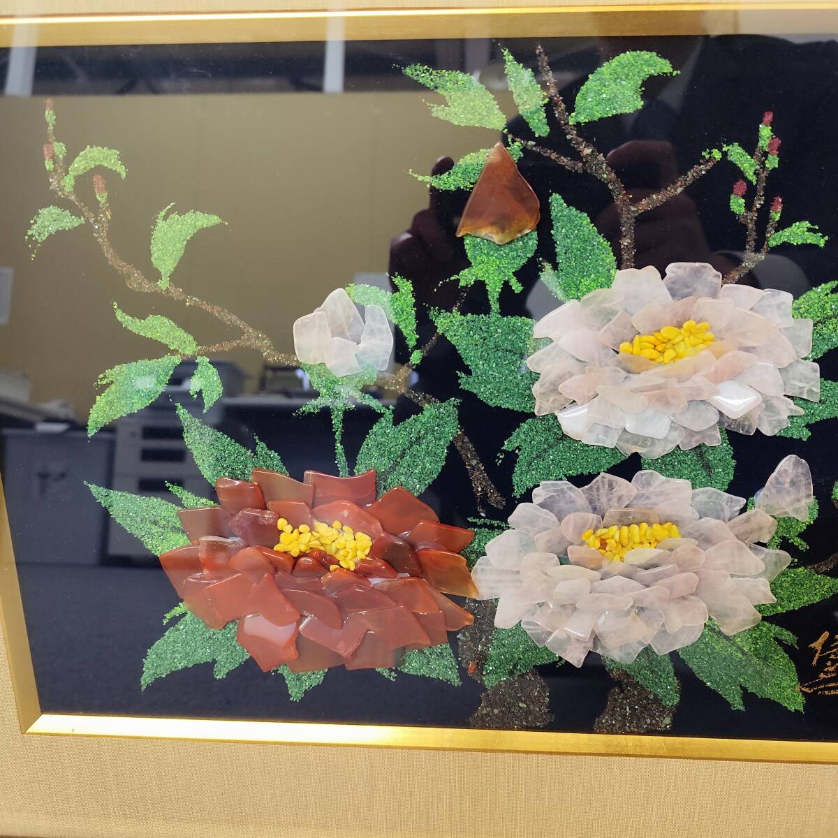 貴石画 宝石画 花図 額装 昭和レトロ 天然石絵画 天然石 花絵 伝統工芸