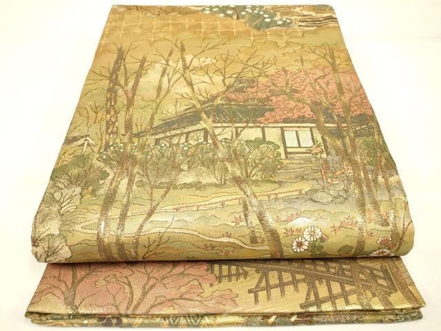 平和屋着物●両方向　両面全通柄袋帯　嵯峨野祇王寺図　金糸　正絹　逸品　DAAL1550fe