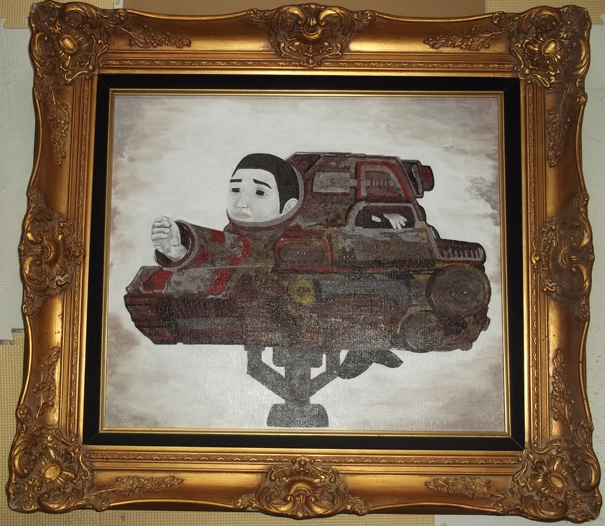 シュールで不可解な絵 不明 戦車から覗く人 F10号 豪華 動けない人