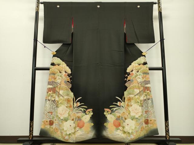 平和屋着物○アンティーク 大正ロマン 黒留袖 駒刺繍 吉祥花松文 金糸