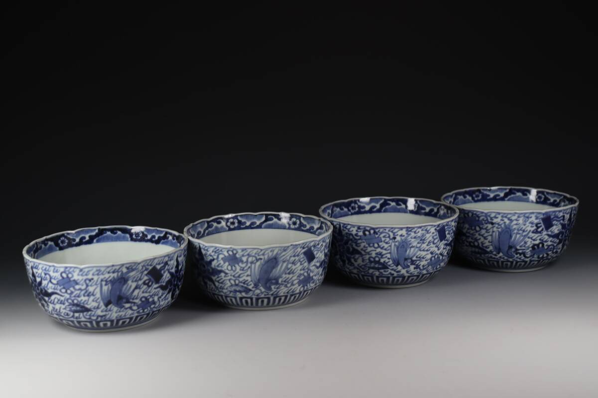 948 骨董 アンティーク 古伊万里 染付四段重 陶箱 重箱 菓子器 明治 古伊万里 伊万里 染付 菓子皿 菓子鉢 蔵出し 骨董 5客 山水 八角鉢