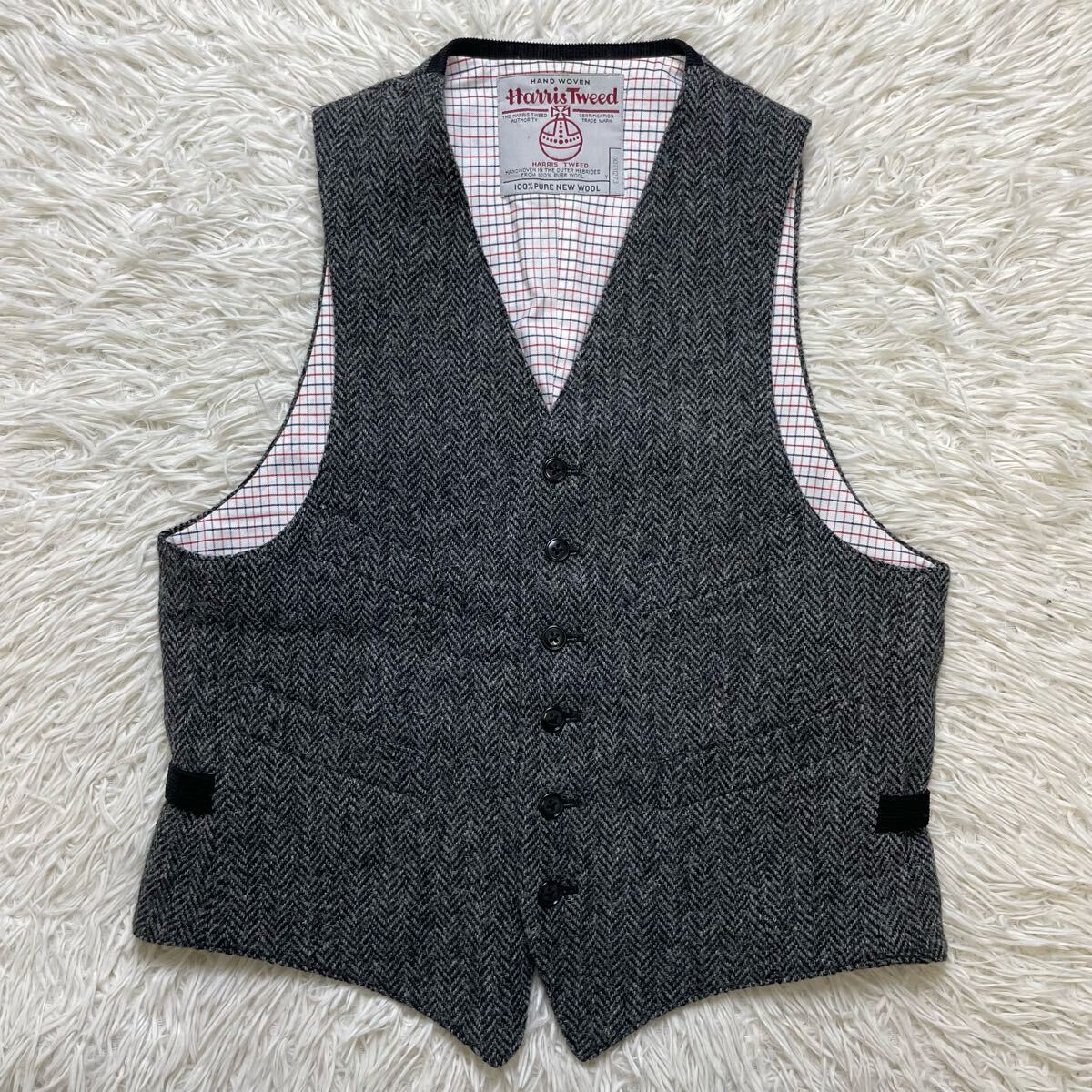 美品 ビームス プラス ハリスツイード ウール ベスト 裏地 チェック柄 M相当 BEAMS＋ メンズ カジュアル トラッド 人気商品