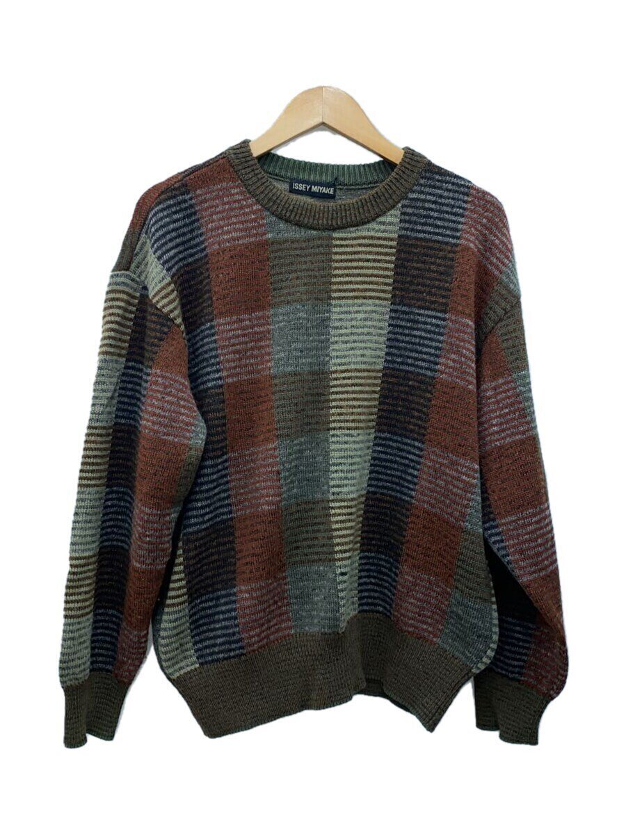 ISSEY MIYAKE◆ニット・セーター(厚手)/M/ウール/緑/総柄/ME13KN039