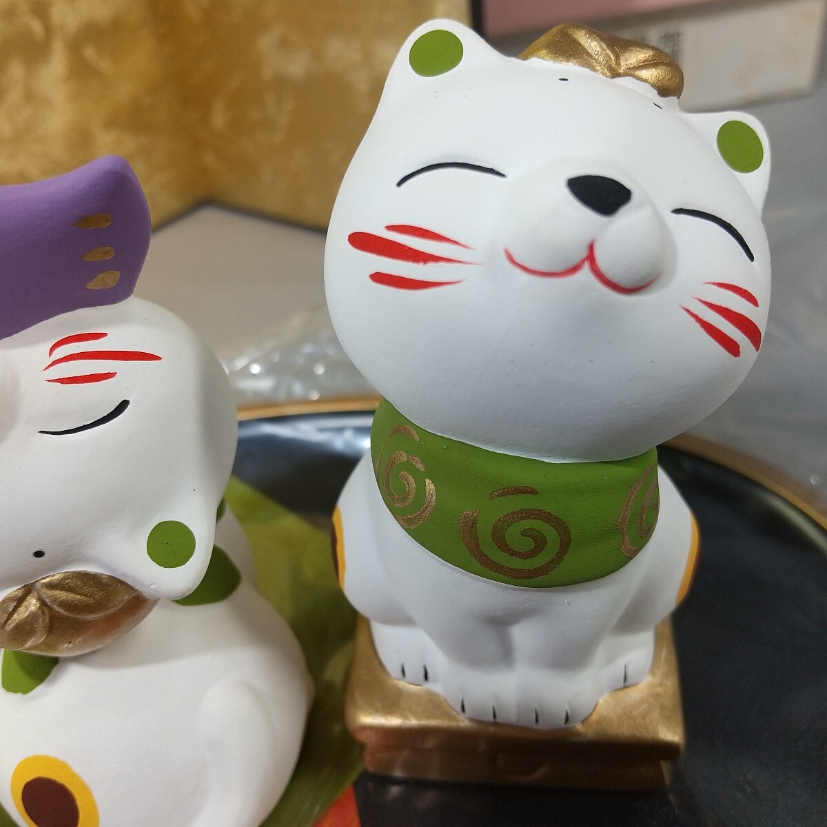 6576○同梱NG 未使用 ひな祭り 翆泉 金彩 子猫三匹 招き猫 福猫 金屏風