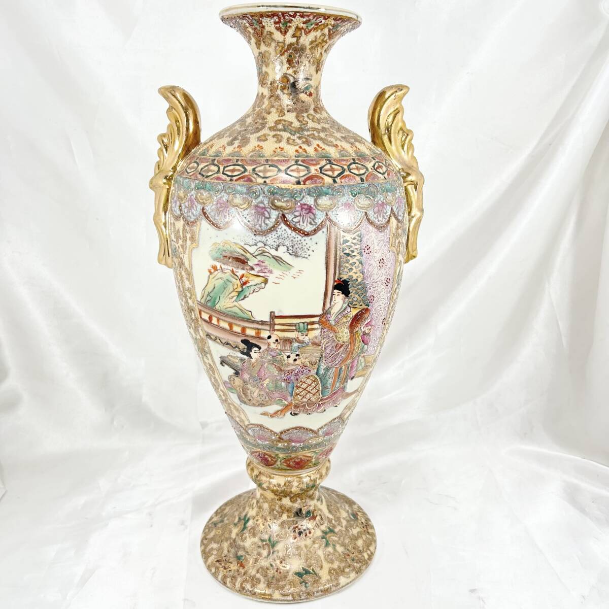 薩摩焼 大型花瓶 壺 色絵金彩 金襴手 高さ：約48.5cm双耳金彩 古美術 骨董品 インテリア コレクション 飾り壺 (E56)_2