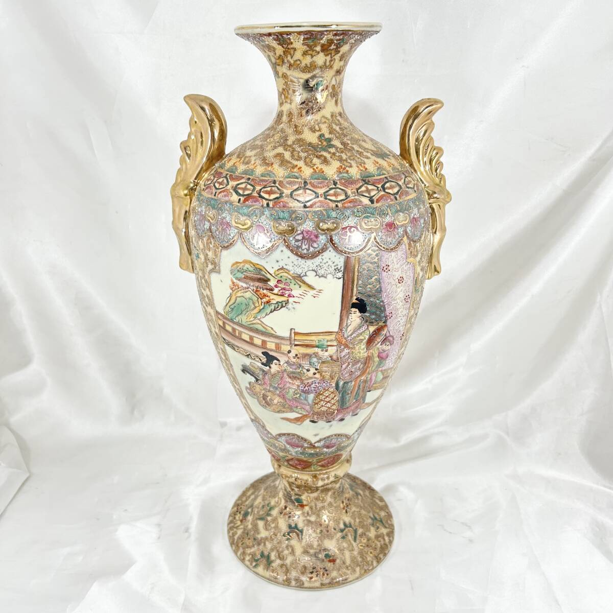 薩摩焼 大型花瓶 壺 色絵金彩 金襴手 高さ：約48.5cm双耳金彩 古美術 骨董品 インテリア コレクション 飾り壺 (E56)_3