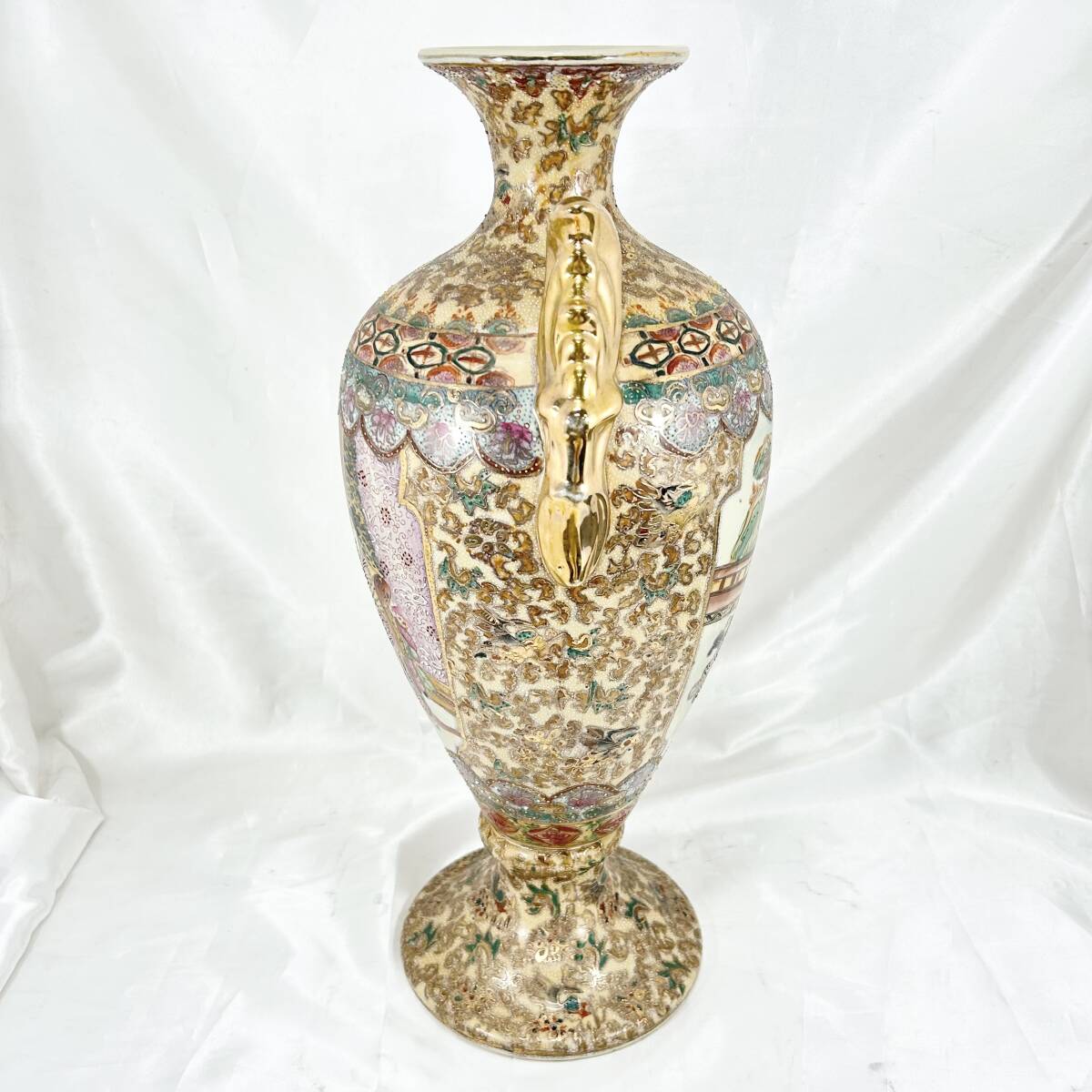 薩摩焼 大型花瓶 壺 色絵金彩 金襴手 高さ：約48.5cm双耳金彩 古美術 骨董品 インテリア コレクション 飾り壺 (E56)_4