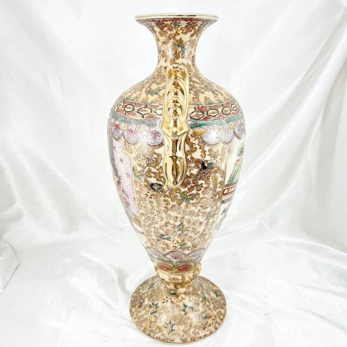薩摩焼 大型花瓶 壺 色絵金彩 金襴手 高さ：約48.5cm双耳金彩 古美術 骨董品 インテリア コレクション 飾り壺 (E56)_5