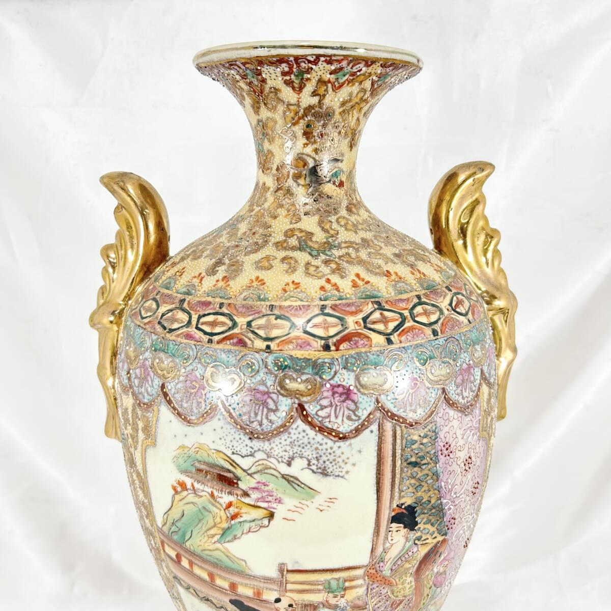 薩摩焼 大型花瓶 壺 色絵金彩 金襴手 高さ：約48.5cm双耳金彩 古美術 骨董品 インテリア コレクション 飾り壺 (E56)_6