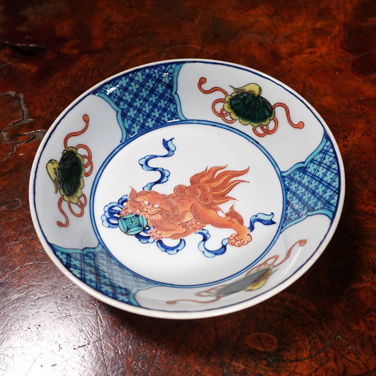 九谷陶画の名工 石野竜山（金城竜山）色絵 玉取獅子皿 向付 5客 共箱