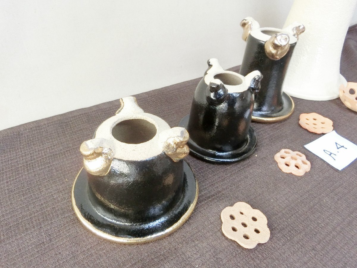 植替時期！【蘭鉢 ラン鉢　4種　未使用白黒釉金彩・A4・植木鉢　盆栽鉢　足付】◆薩摩　信楽　豆鉢ミニ鉢 山野草　長期保管品※円安！買得_6