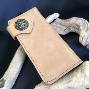 新品 本革レザー コンチョ長財布 メンズ ロングウォレット ブラウン 茶 ヌバック ライダ