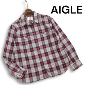 AIGLE エーグル 秋冬 ポリ&コットン★ 長袖 ワーク チェック ネル シャツ Sz.M レディー