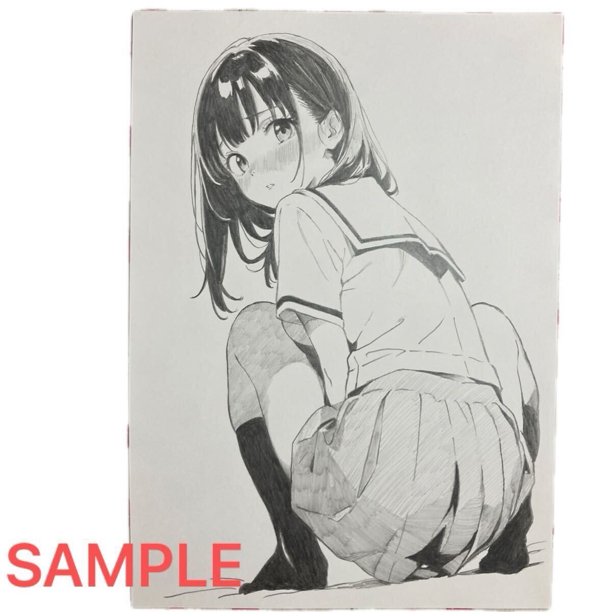 手描き イラスト 女の子 A4サイズ オリジナル 可愛い モノトーン 鉛筆
