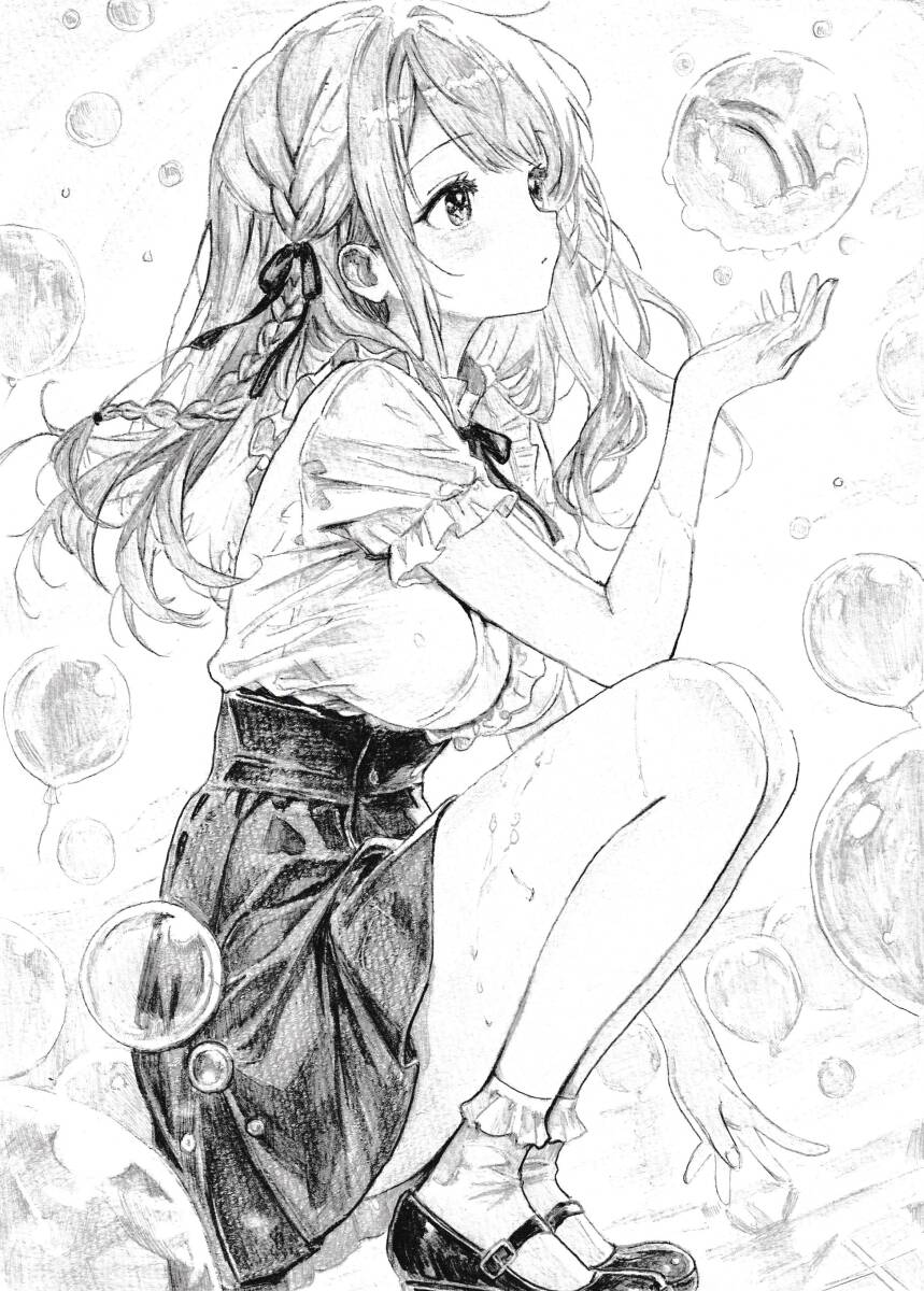 手描きイラスト A4 オリジナル 創作 鉛筆 シャーペン 鉛筆画 白黒