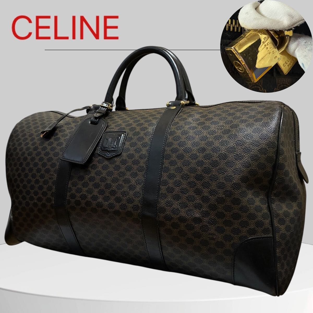 極美品 CELINE ボストンバッグ 黒マカダム トリオンフ 南京錠 美品/南京錠付】CELINE セリーヌ メンズ ボストンバッグ 黒マカダム