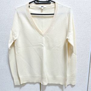 売切り【送料一律600円】Lサイズ UNIQLO/ユニクロ カシミヤ100% Vネックセーター オフホ
