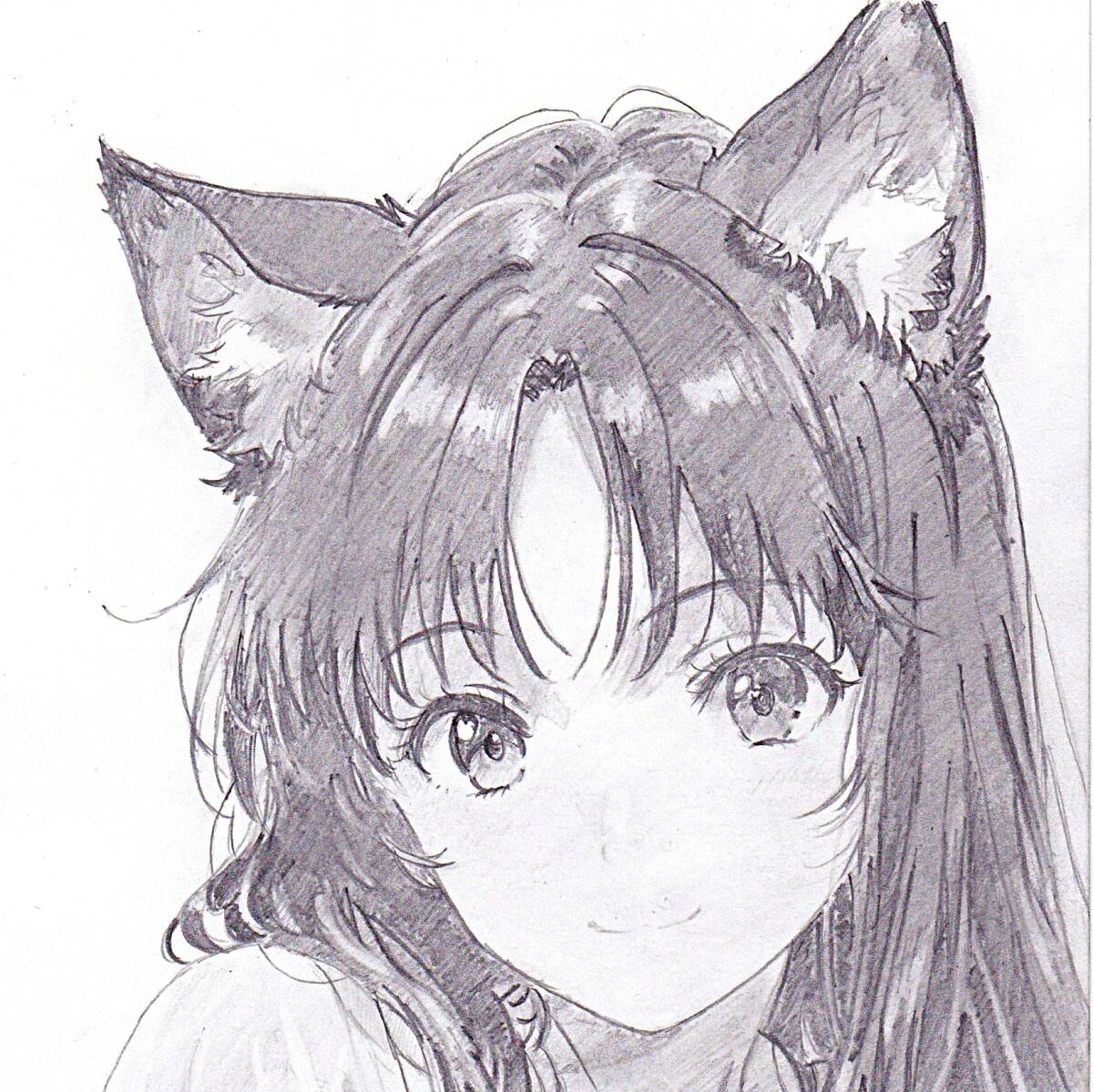手描きイラスト 創作 原画 鉛筆画 オリジナル かわいい 女の子 「猫耳
