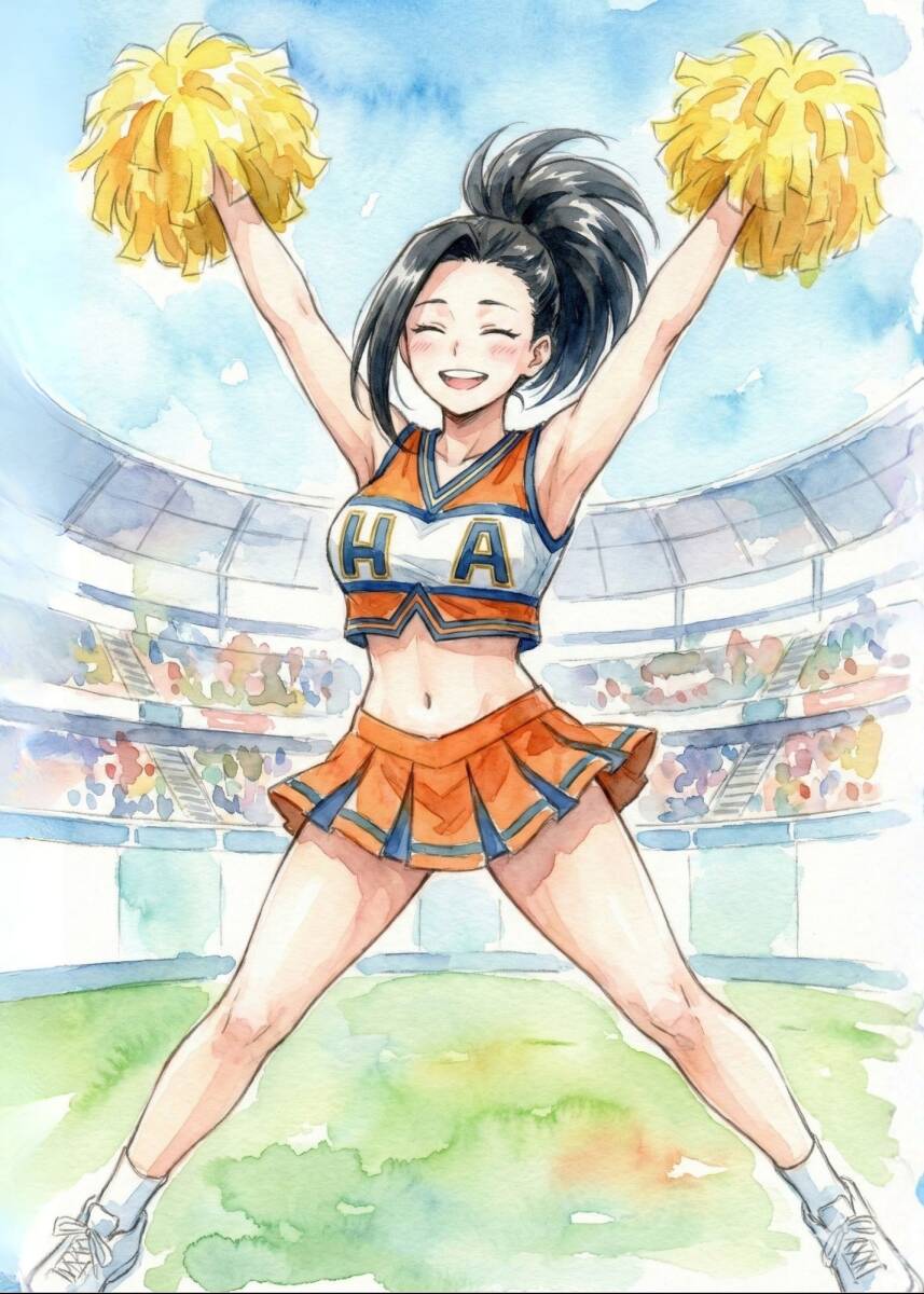 145 八百万百 チアガール ファンアート 笑顔 元気 水彩画風 ヒロアカ