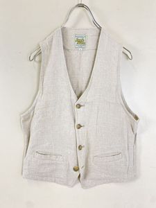 ★ ヴィンテージ Jungle Storm 麻混 前開き ベスト ベージュ Lサイズ ◆ Vネック ジレ ジ