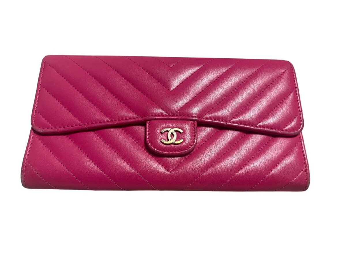 CHANEL 長財布 キャビアスキン Vステッチ ピンク