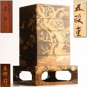 黒漆塗葵紋蒔絵貝桶型重箱 時代 松葉に源氏貝合わせ