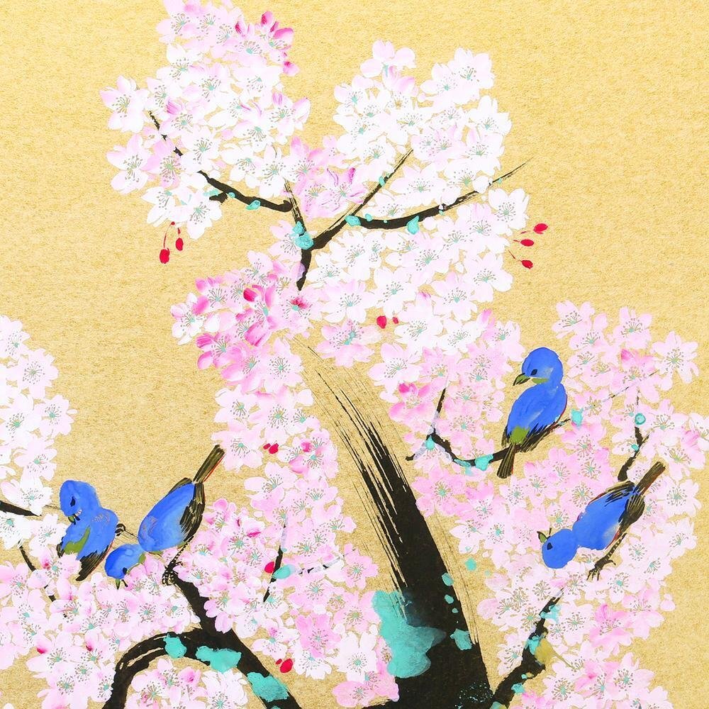 真作】【WISH】松尾柳江 日本画 30号大 大作 金泥仕様 ◇青い鳥が佇む