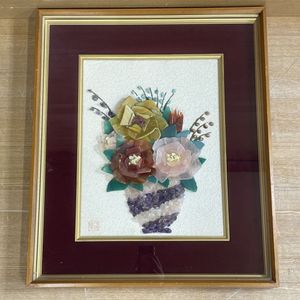 貴石画 宝石画 石細工 瑪瑙 花 ゴールドフレーム 高級 伝統工芸 古美術 骨董 貴石画・宝石画・在銘・額縁・壁飾り・No.230316-03・梱包サイズ100