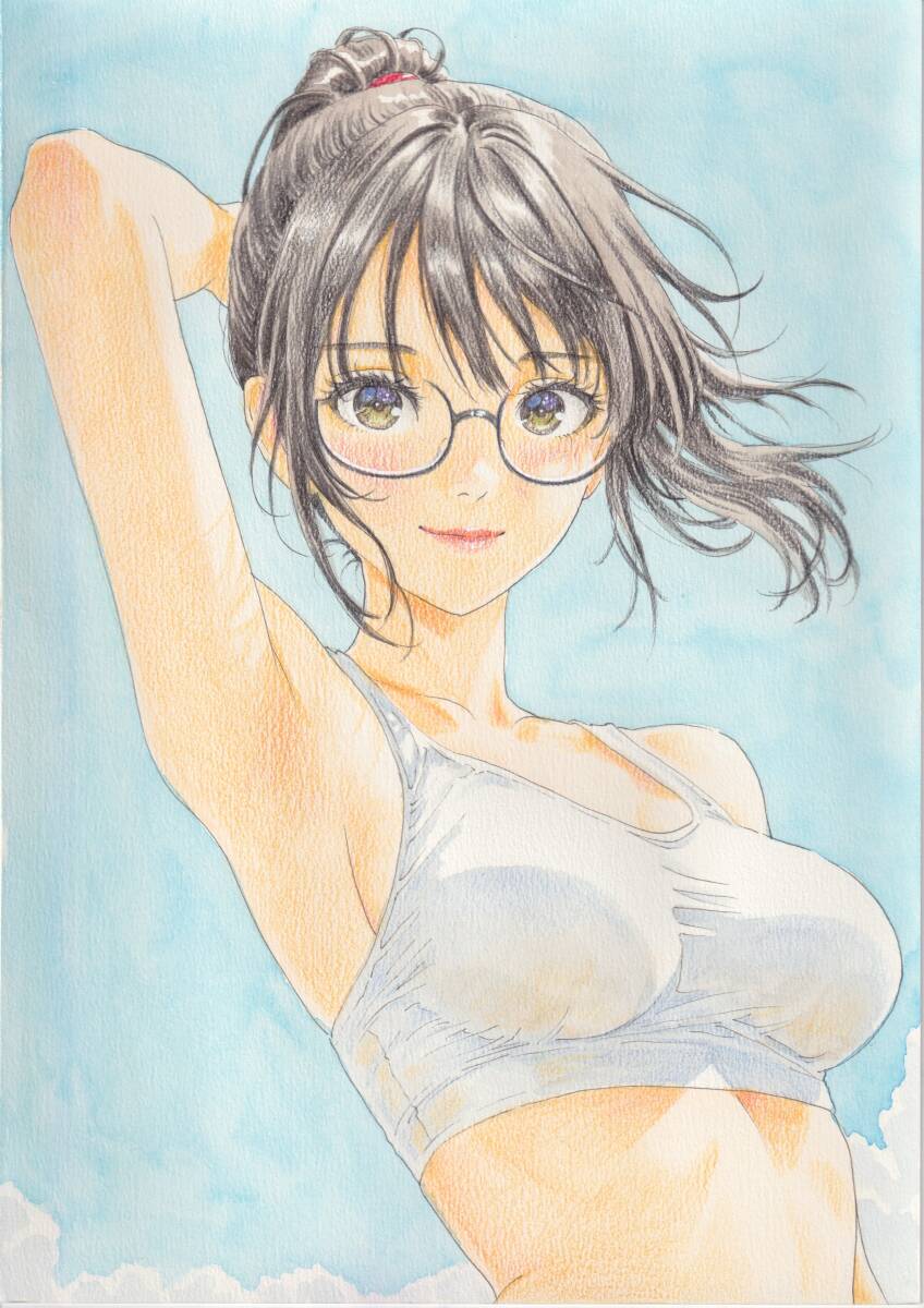 一点物】 オリジナル メガネ 黒髪 ポニーテール タンクトップ 美女 美