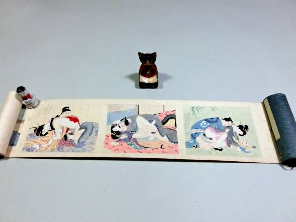 春画 日本画 絵巻物 巻物 肉筆 貨幣博物館 | 肉筆春画(枕絵) 五画 絹本巻物 約30×143cm 金銀箔入紙