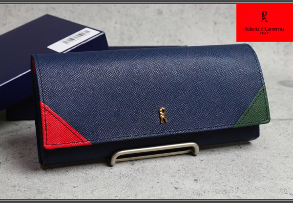 新品ロベルタディカメリーノ/ボックス型小銭入れ多収納長財布紺