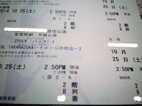 貸切公演　2階A席8列 10/25（土） 月組 PUCK パック連番ペア_3