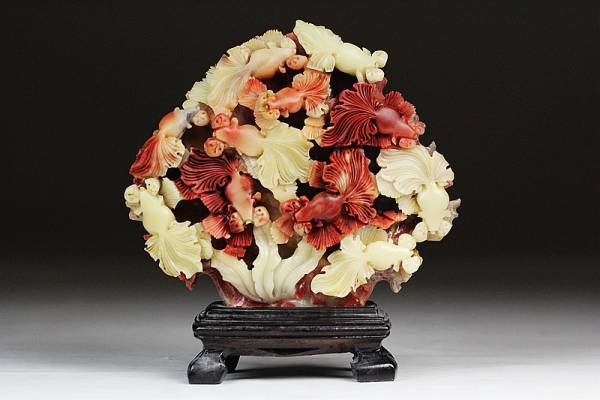 【三渓堂】細工美品！天然寿山石精彫 金魚置物20x18cm 1.7kg A28