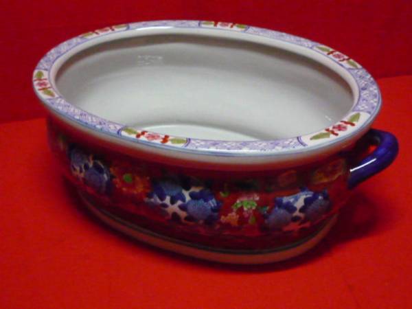 新品!握り手（取っ手）付き水鉢（金魚鉢/キンギョ/メダカ）赤絵