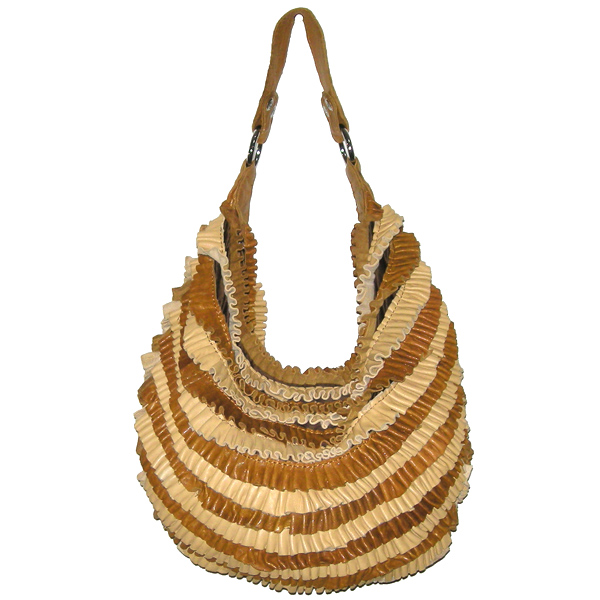 未使用 フリル 本革 レザー ショルダーバッグ キャメル ブラウン