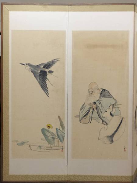 ☆吉野☆日本画・公辰銘・人物・花鳥・山水図屏風 六曲一双