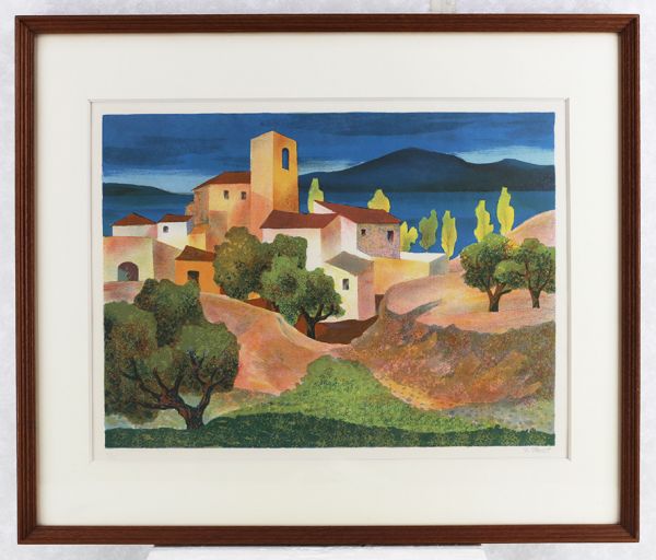 美術品・アンティーク・コレクション 港の風景画 額装品 リトグラフ