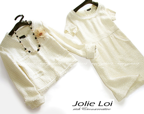 ジョリーロイ★上質ツイードワンピース×ノーカラーJKツイン白38