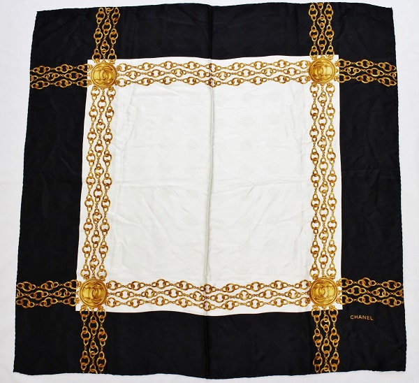 1円～状態良【CHANEL本物】大判スカーフ/シルク100%黒ｘ白