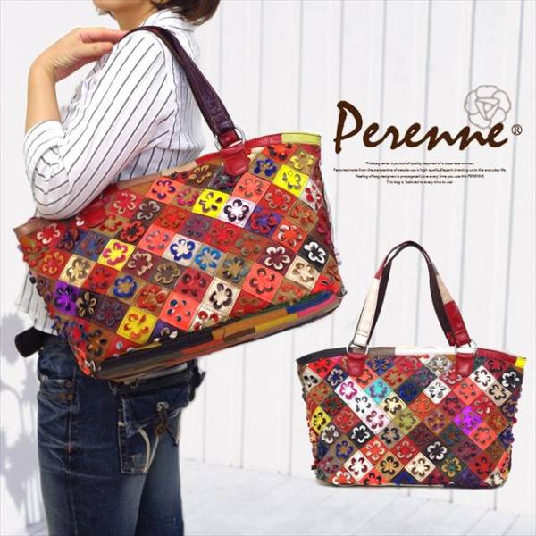 新品ＰＥＲＥＮＮＥペレンネ本革花柄パッチワークトートバッグ