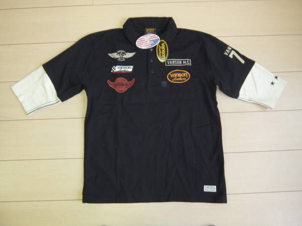 ☆バンソン/七分袖ポロ/ブラック/ＸＬ/ワッペン/プリント/美品☆