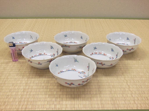 柿右エ門 色絵 柴垣松竹梅文 輪花鉢 六客 江戸中～後期