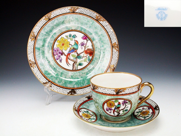 オールドノリタケ・金彩ラスター彩花鳥図紋　キャビネットトリオ