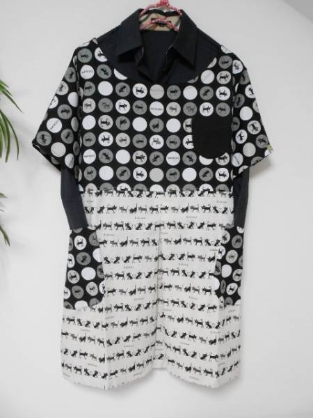 ハンドメイド☆ネコ 猫 モノトーン 重ね着ワンピースM～３Ｌねこ