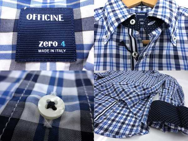 2.9万 新品 伊製 OFFICINE 裏地ドット チェック柄 長袖BDシャツ