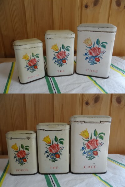 Tinキャニスター3個set 仏アンティーク バラ チューリップ 花柄