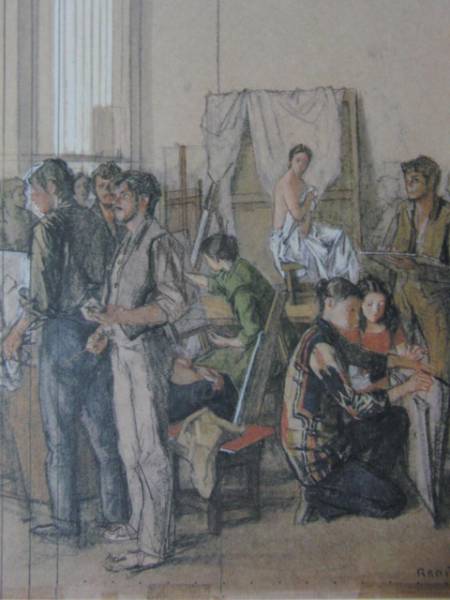 小磯良平、絵画下絵、素描スケッチ、版上サイン入、新品額付ⅱ