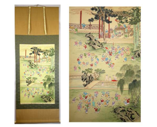 絹本 中国美術 肉筆 検)唐美人 中国掛軸美人画「湘江二妃図」竹絲画簾 