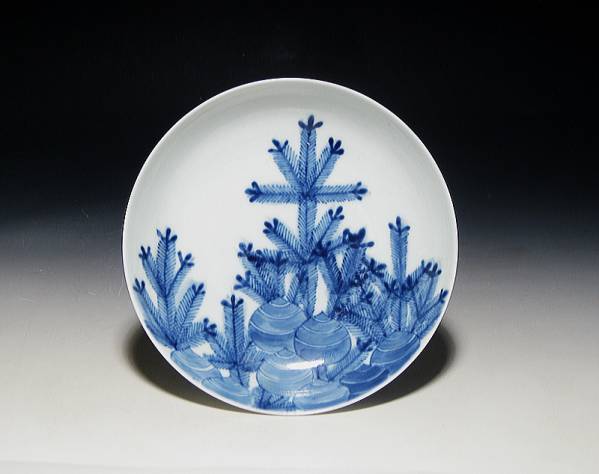 江戸後期鍋島 若松染付5寸皿 無傷 鍋島焼染付5寸