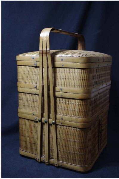 三段竹編提藍/煎茶道具茶器茶箱竹工芸竹籠竹篭